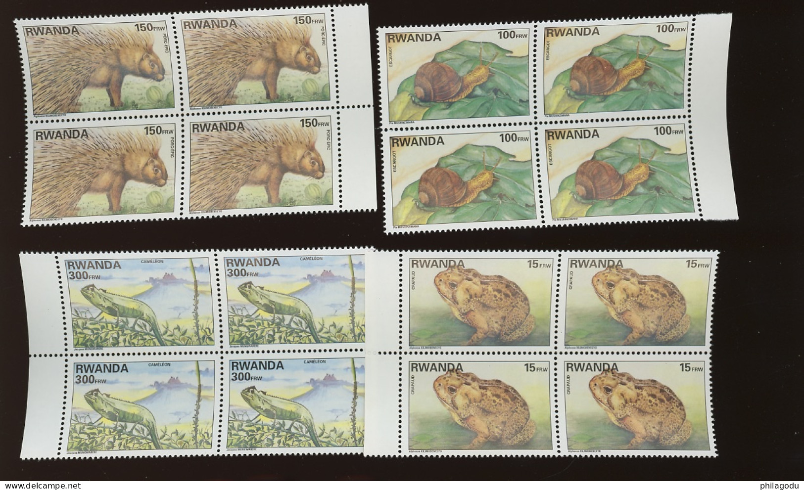 1998  Faune Du Rwanda   Cob 1407/1410 **   Cote 52,--€ En Paire ** Escargot Snail Frog Grenouille Lezard - Oblitérés