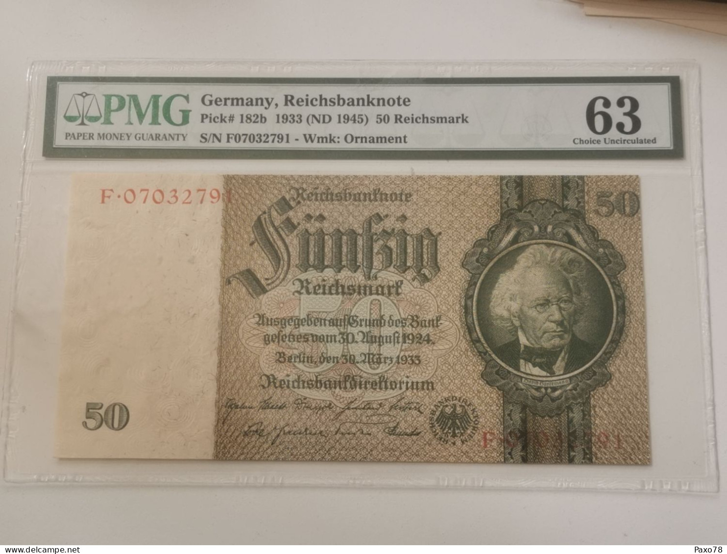 Billet Allemagne Reichsbanknote , 50 Reichsmark 1933, Unc. PMG 63 - 50 Reichsmark