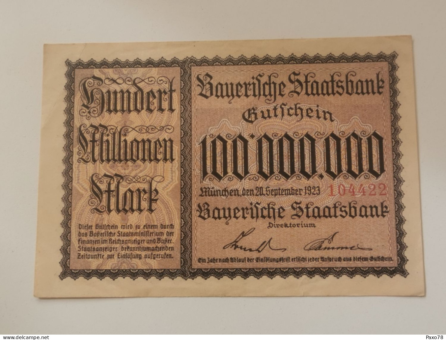 Billet Allemagne , 100000000 Mark 1923 - Non Classés
