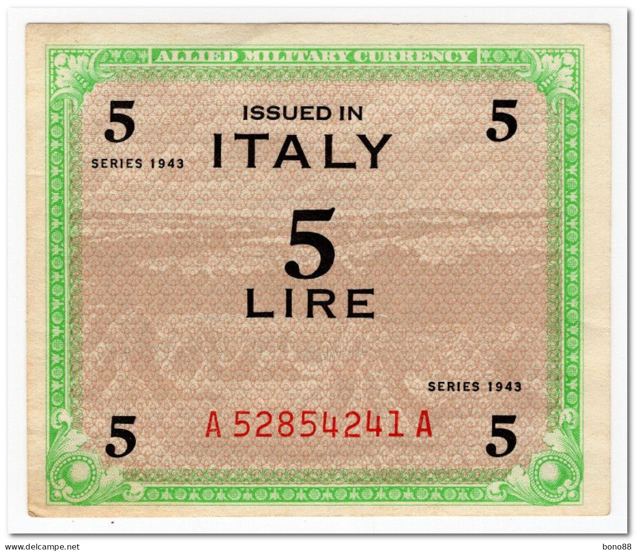 ITALY,ALLIED MILITARY CURRENCY,5 LIRE,1943,P.M12,XF+ - Allied Occupation WWII