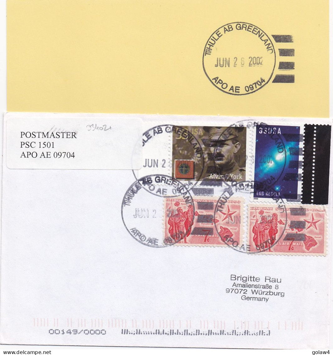 33402# USA LETTRE Obl THULE AB GREENLAND APO AE 09704 2002 GROENLAND WÜRZBURG GERMANY - Postmarks