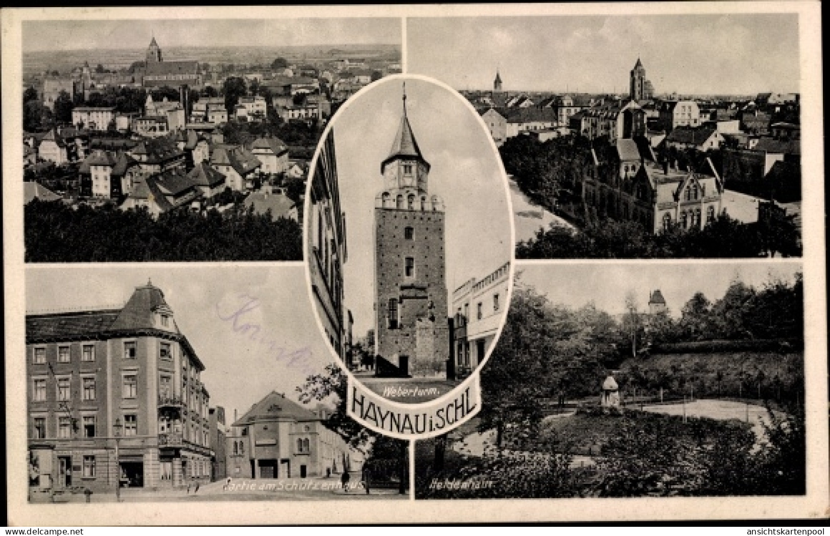 CPA Chojnów Haynau Schlesien, Teilansichten, Weberturm, Schützenhaus, Heldenhain - Schlesien