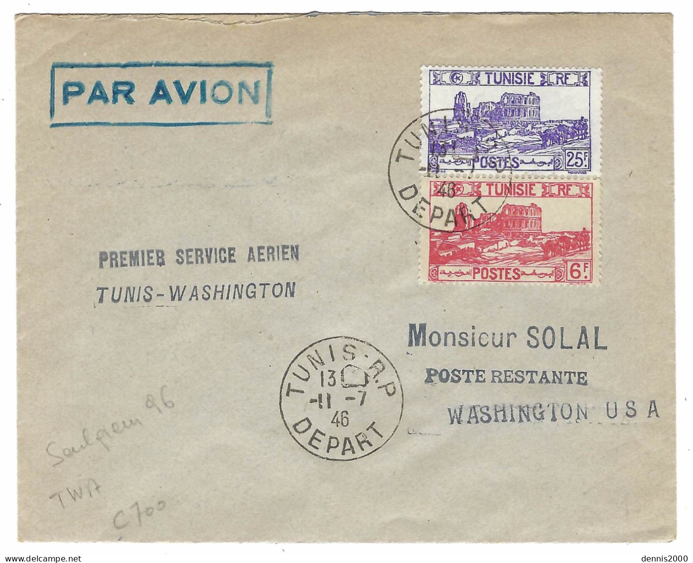 11 - 7 - 1946 - 1er Service Aérien / TUNIS-WASHINGTON Affr. à 31 F Oblit. Tunis-R P / Depart - Posta Aerea