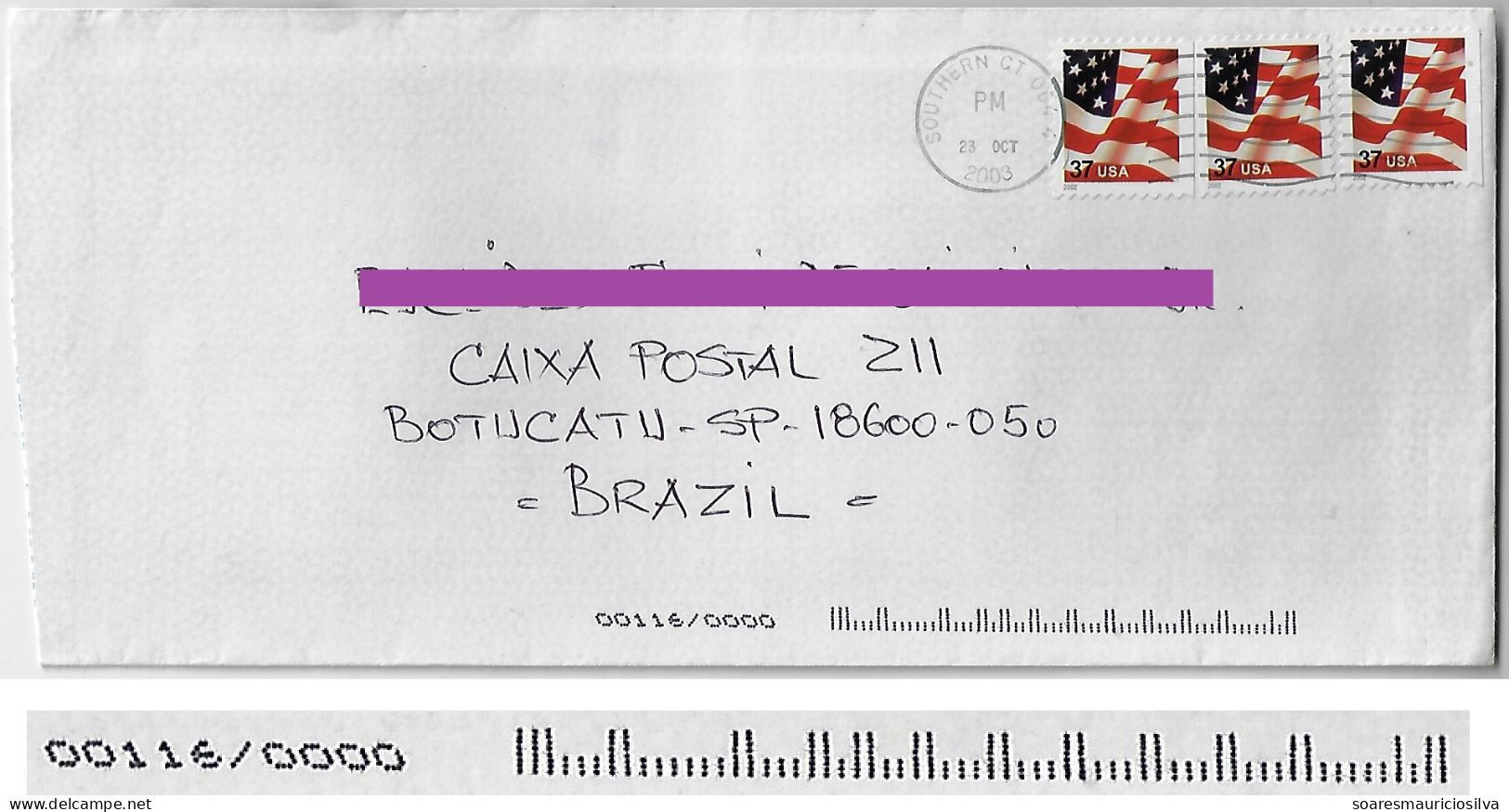 USA 2003 Cover From Southern Connecticut State University To Brazil 3 Stamp 37 Cents Scott 3622 Flag Electronic Sorting - Covers & Documents