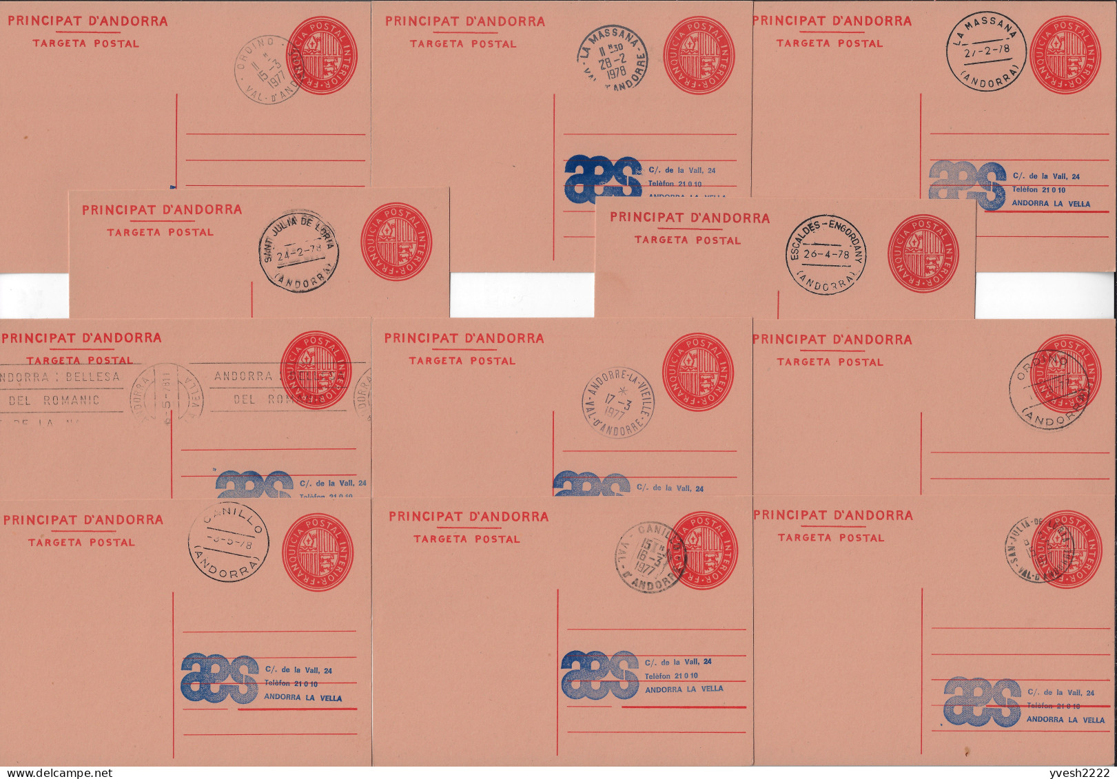Andorre Français Et Espagnol 1977. Entier Postal Local / Carte De Franchise, 11 Cartes Avec Oblitérations Différentes - Stamped Stationery & Prêts-à-poster