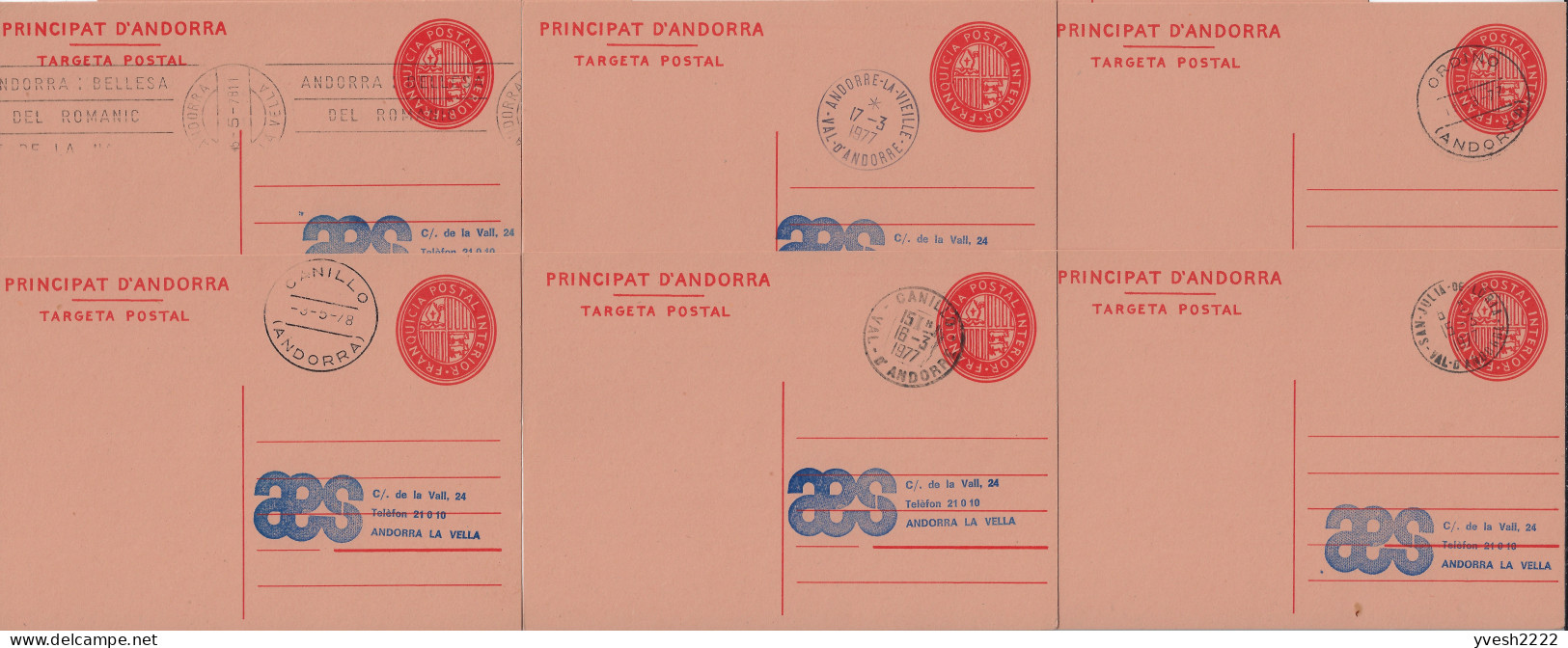 Andorre Français Et Espagnol 1977. Entier Postal Local / Carte De Franchise, 11 Cartes Avec Oblitérations Différentes - Enteros Postales & Prêts-à-poster