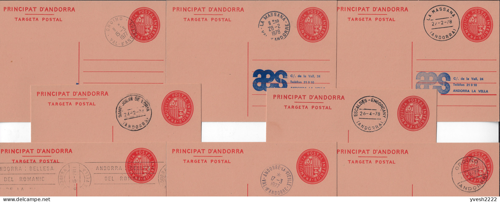 Andorre Français Et Espagnol 1977. Entier Postal Local / Carte De Franchise, 11 Cartes Avec Oblitérations Différentes - Stamped Stationery & Prêts-à-poster