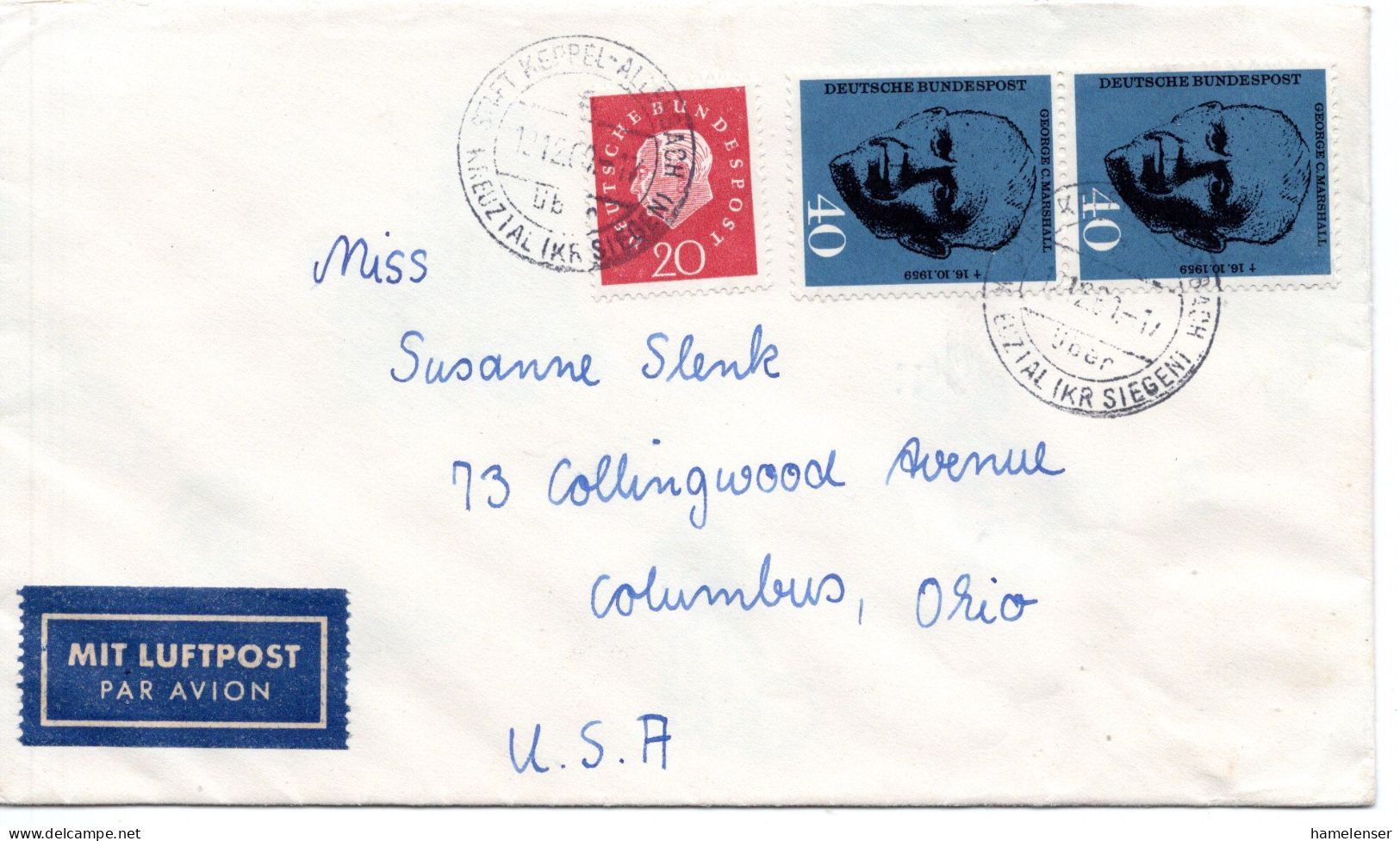 68847 - Bund - 1960 - 2@40Pfg Marshall MiF A LpBf STIFT KEPPEL-ALLENSBACH -> Columbus, OH (USA) - Covers & Documents