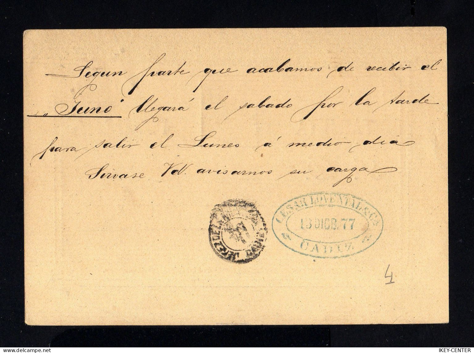 S1869-ESPAÑA-SPAIN.OLD POSTCARD CADIZ To JEREZ De La FRONTERA.1877.Tarjeta Postal ALFONSO XII.carte Postale.POSTKARTE - Cartas & Documentos