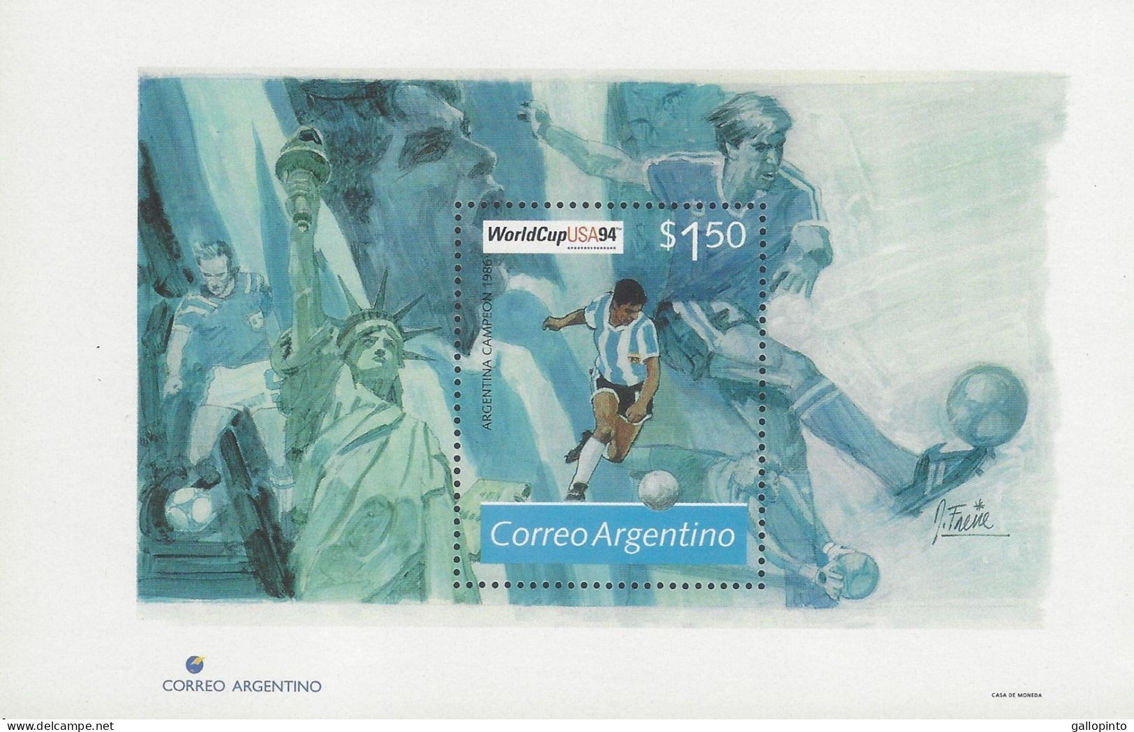 Argentina World Cup USA 94, Soccer, Statue Of Liberty MNH 1994 - Blocks & Kleinbögen