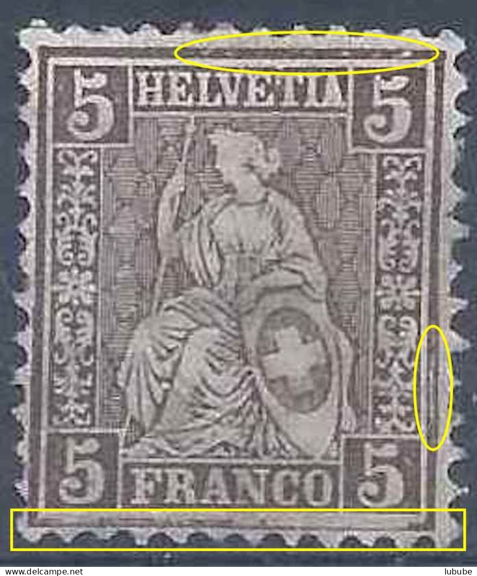 Sitzende Helvetia 45, 5 Rp.braun *  ABART        1881 - Nuovi