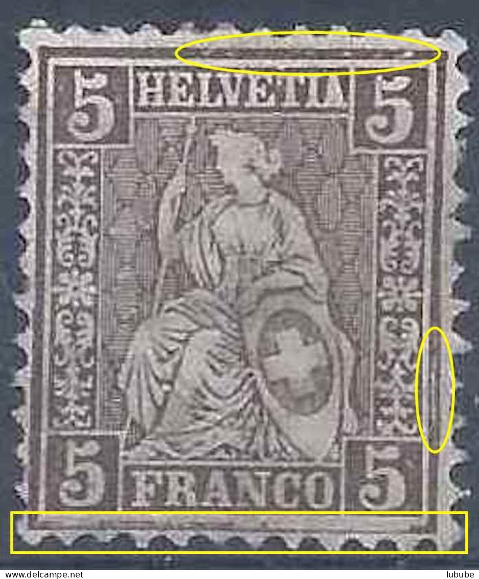 Sitzende Helvetia 45, 5 Rp.braun *  ABART        1881 - Ungebraucht