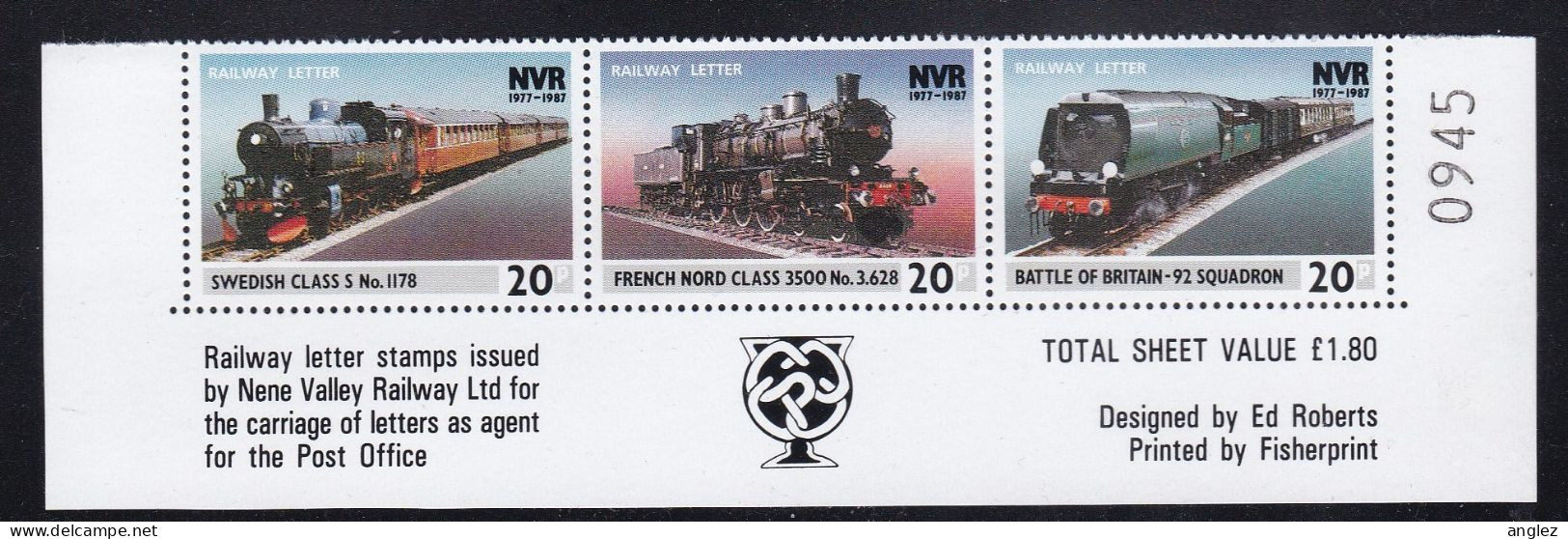 Great Britain - 1987 Nene Valley Railway Letter Stamps 3 X 20p Steam Engines MNH - Ferrovie & Pacchi Postali