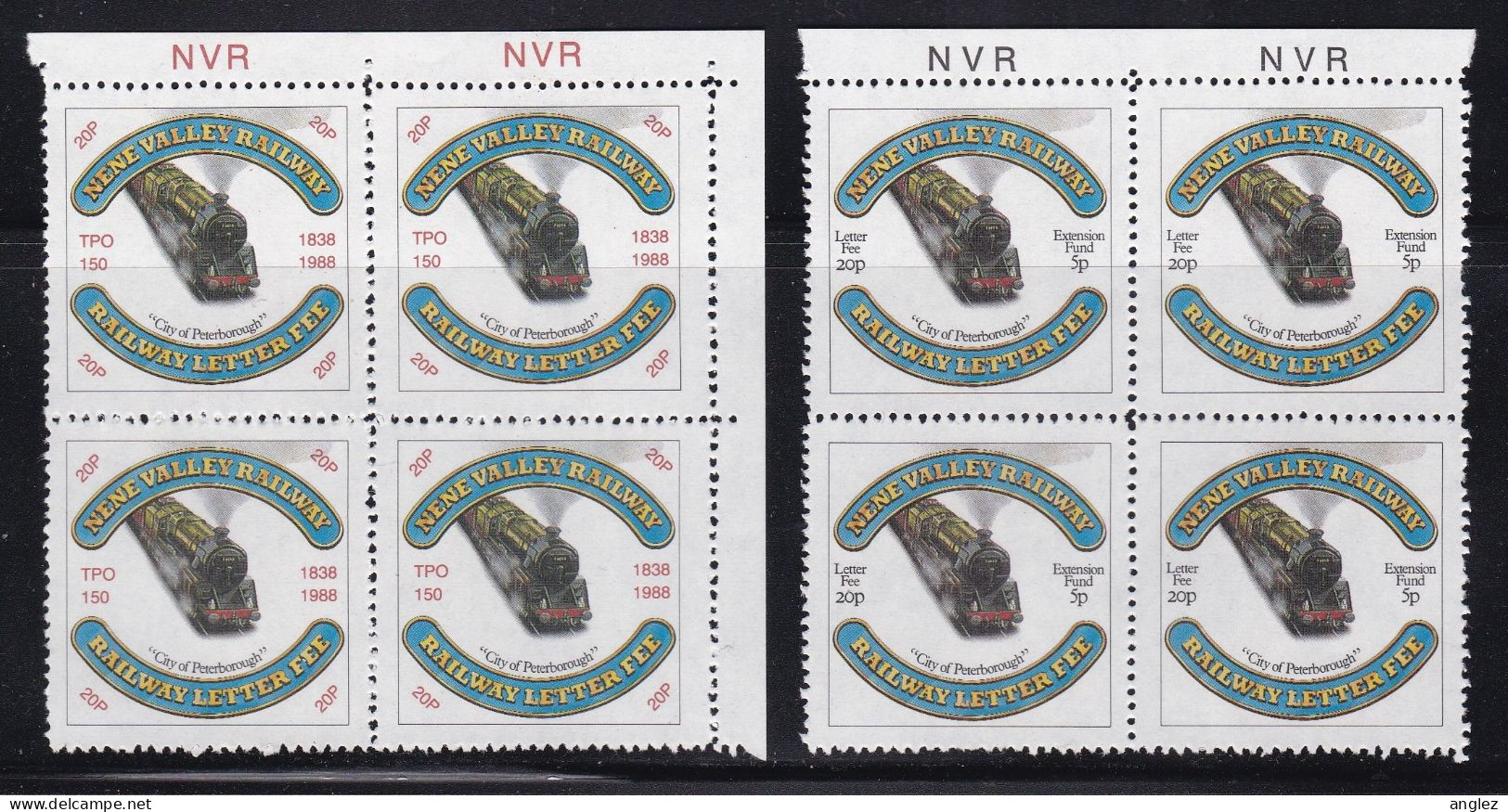 Great Britain - 1988 Nene Valley Railway Letter Stamps / TPO Blocks Of Four MNH - Ferrocarril & Paquetes Postales