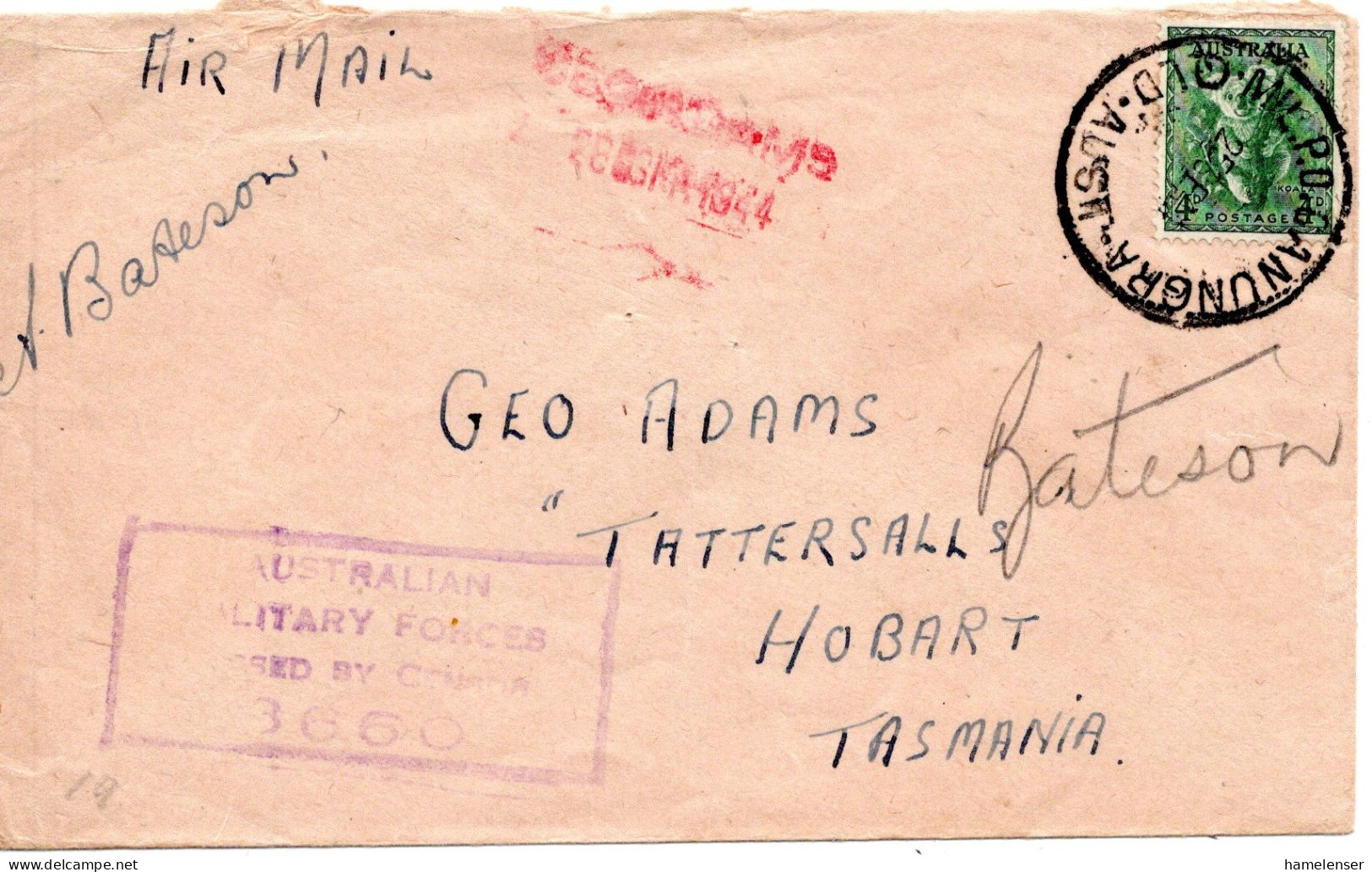 68861 - Australien - 1944 - 4d Koala EF A LpBf MIL P O GANUNGRA QLD -> Hobart, M MilitaerzensurStpl "8660" - Covers & Documents