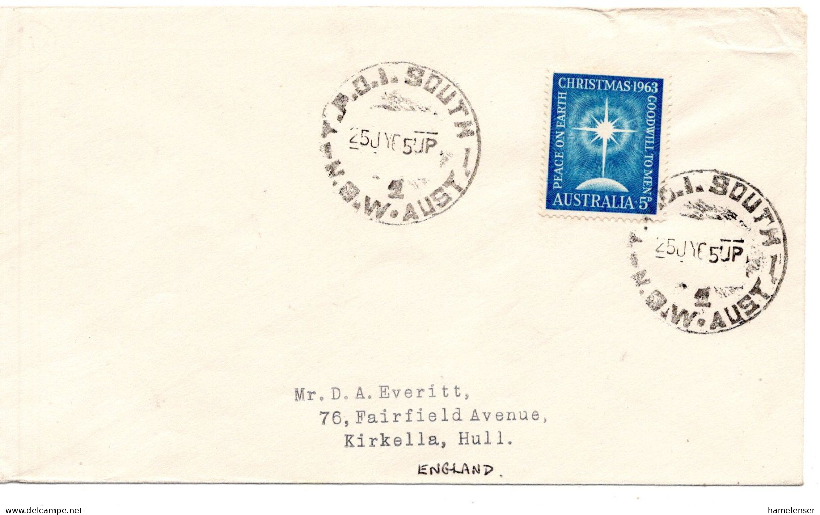 68863 - Australien - 1965 - 5d Weihnachten '63 EF A Bf BahnpostStpl TPO 1 SOUTH -> Grossbritannien - Lettres & Documents