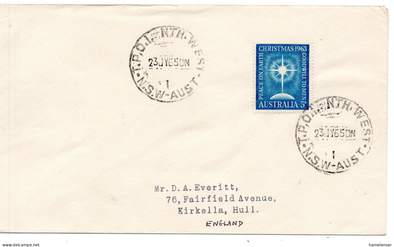 68867 - Australien - 1965 - 5d Weihnachten '63 EF A Bf BahnpostStpl TPO 1 NTH WEST -> Grossbritannien - Storia Postale