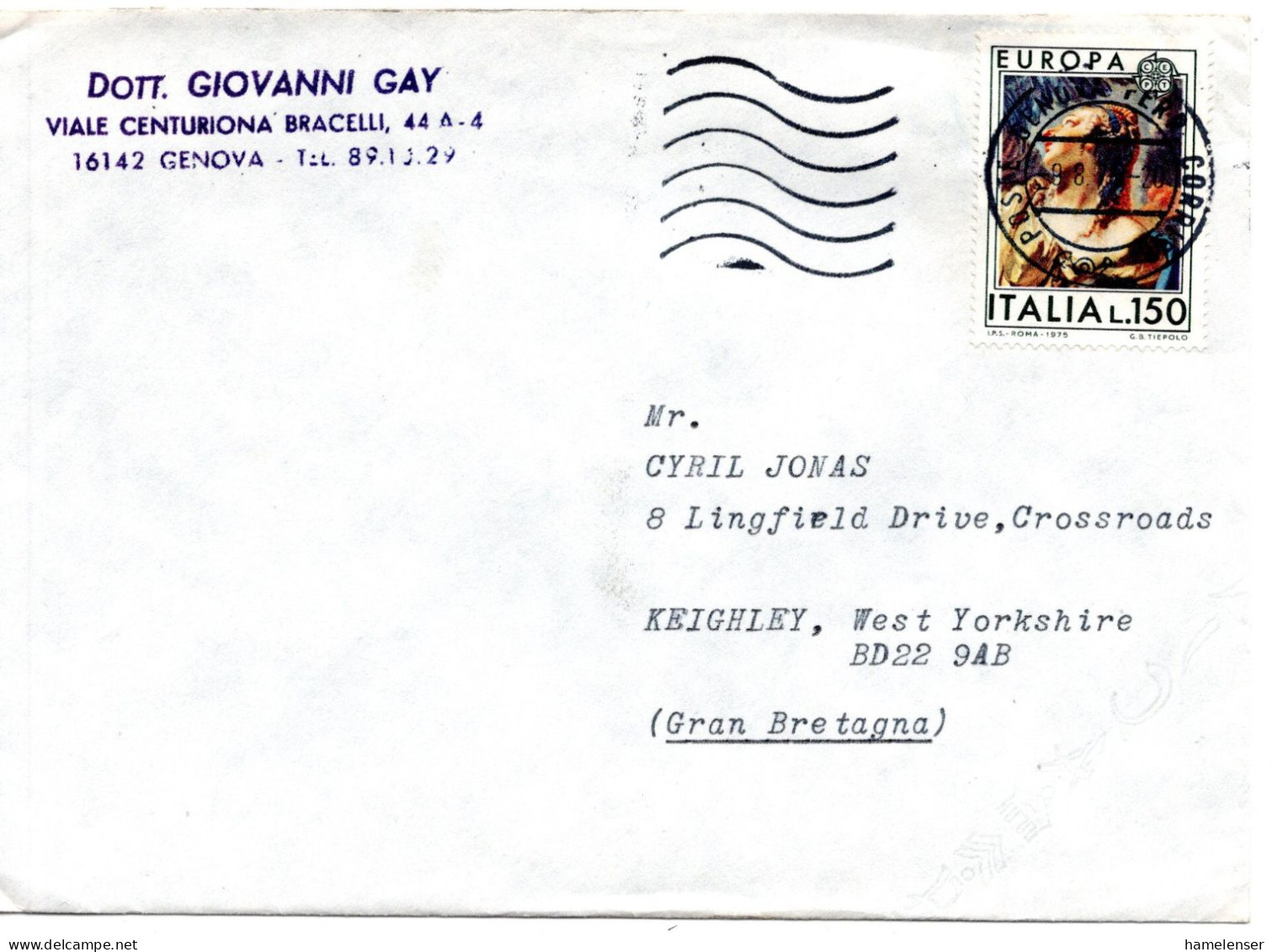 68874 - Italien - 1974 - 150L CEPT '74 EF A Bf GENOVA -> Grossbritannien - Other & Unclassified