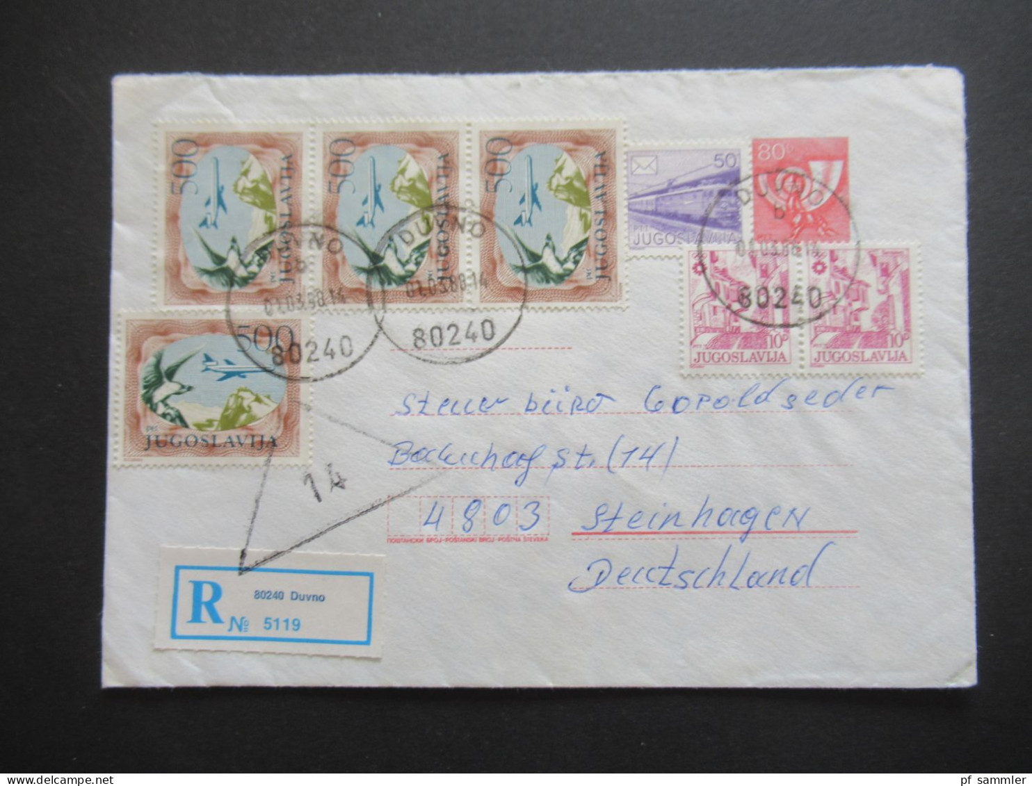 Jugoslawien 1988 Ganzsachen Umschlag Mit ZuF Einschreiben Duvno Nach Steinhagen / Marke Mit Motiv Flugzeug - Storia Postale