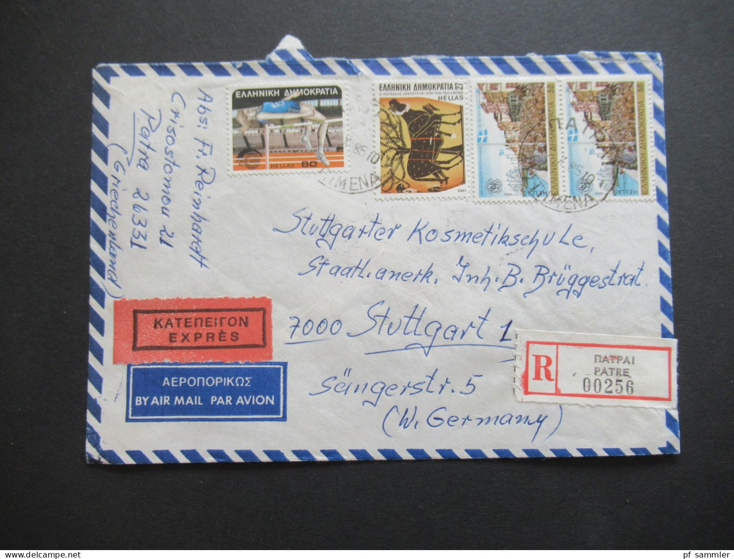 Griechenland 1985 Einschreiben Air Mail / Luftpost Per Express Patre - Stuttgart Rücks. Stp. Frankfurt Am Main Flughafen - Briefe U. Dokumente