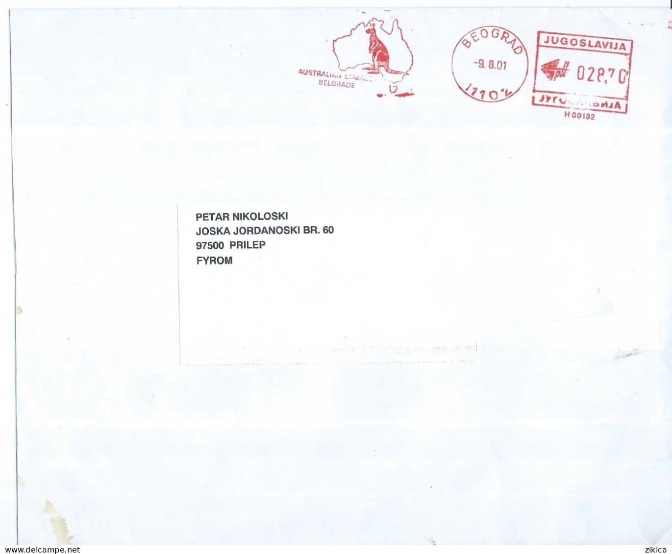 BIG COVER - Yugoslavia Via Macedonia , Franking Machines (EMA) Australian Embassy 2001,kangaroo And Australia Map - Cartas & Documentos