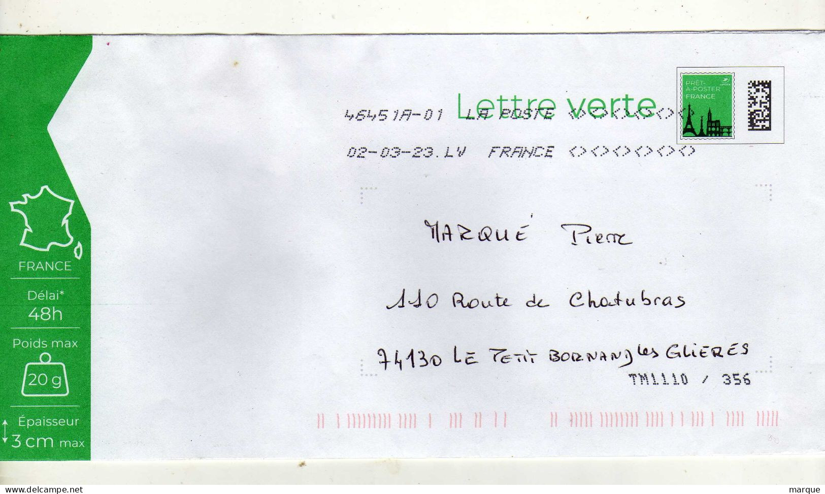 Enveloppe FRANCE Prêt à Poster Lettre Verte Oblitération LA POSTE 46451A-01 02/03/2023 LV - Prêts-à-poster:  Autres (1995-...)