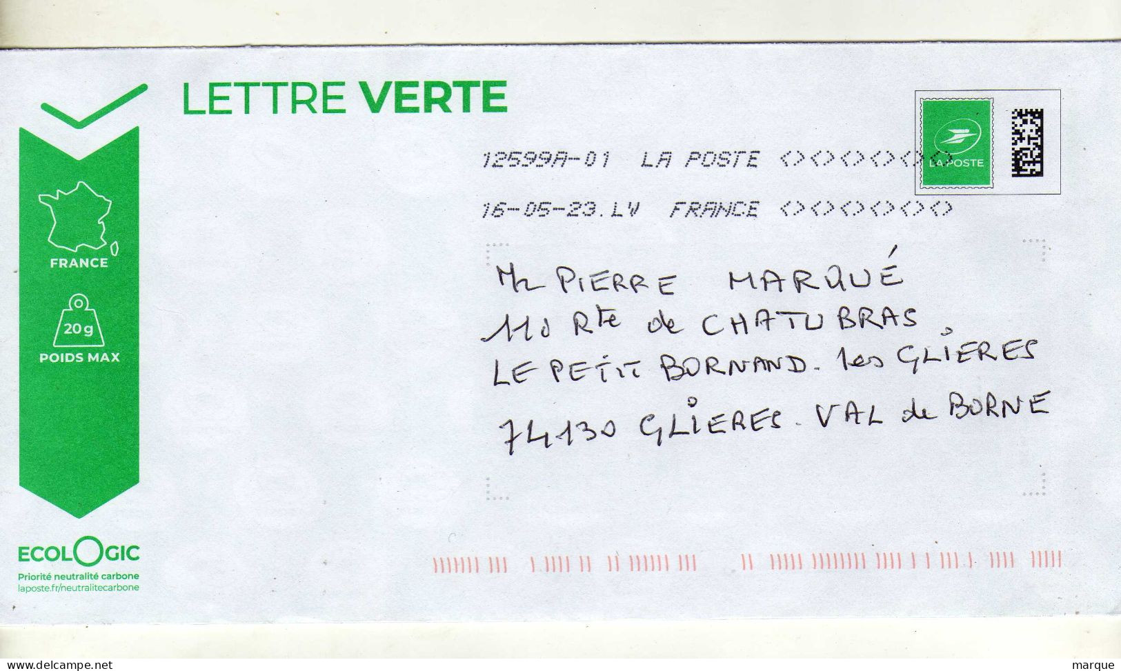Enveloppe FRANCE Prêt à Poster Lettre Verte Oblitération LA POSTE 12599A-01 16/05/2023 LV - Prêts-à-poster:  Autres (1995-...)