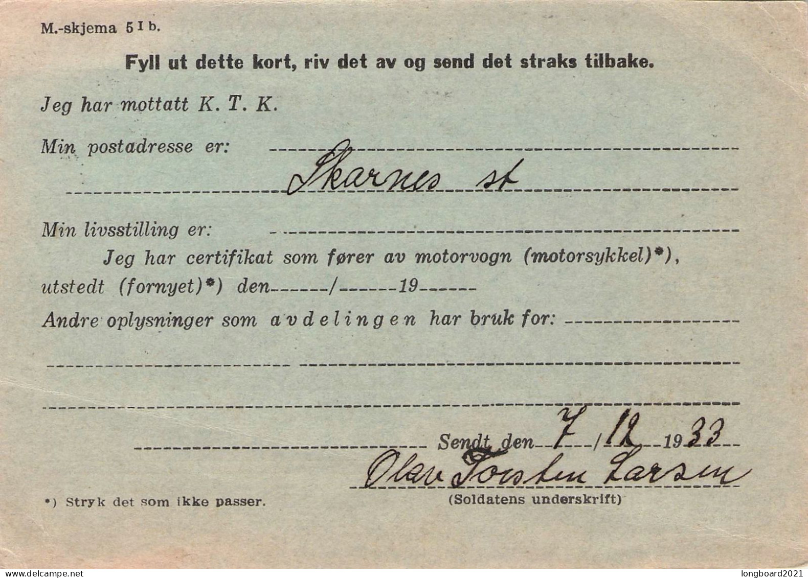 NORWAY - MILITAERT TJENESTEBREVKORT 1933 OSLO / *2067 - Dienstmarken