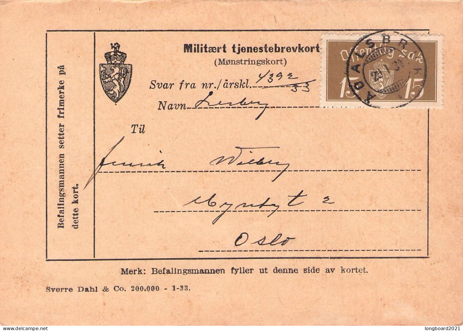 NORWAY - MILITAERT TJENESTEBREVKORT 1933 / *2068 - Officials