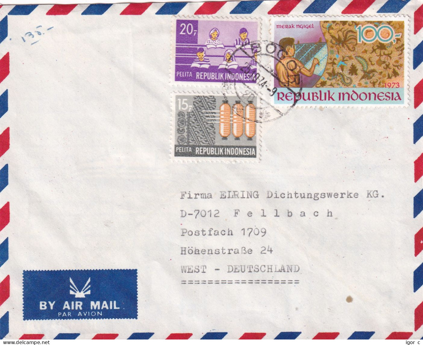 Indonesia 1974 Air Mail Cover; Education; Jobs Industries; Merak Ngigel - Usines & Industries