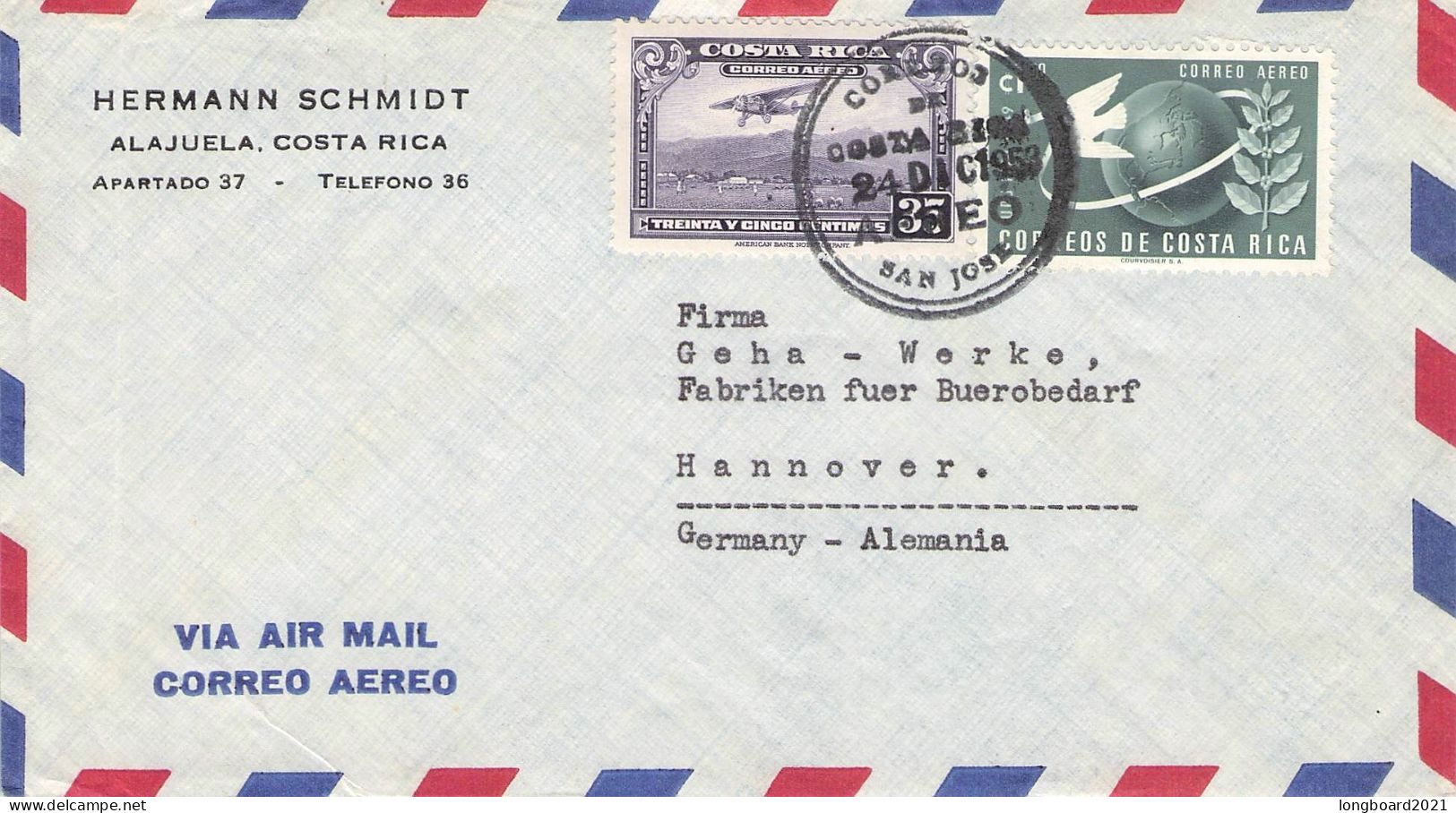 COSTA RICA - AIRMAIL 1953 - HANNOVER/DE / *2078 - Costa Rica