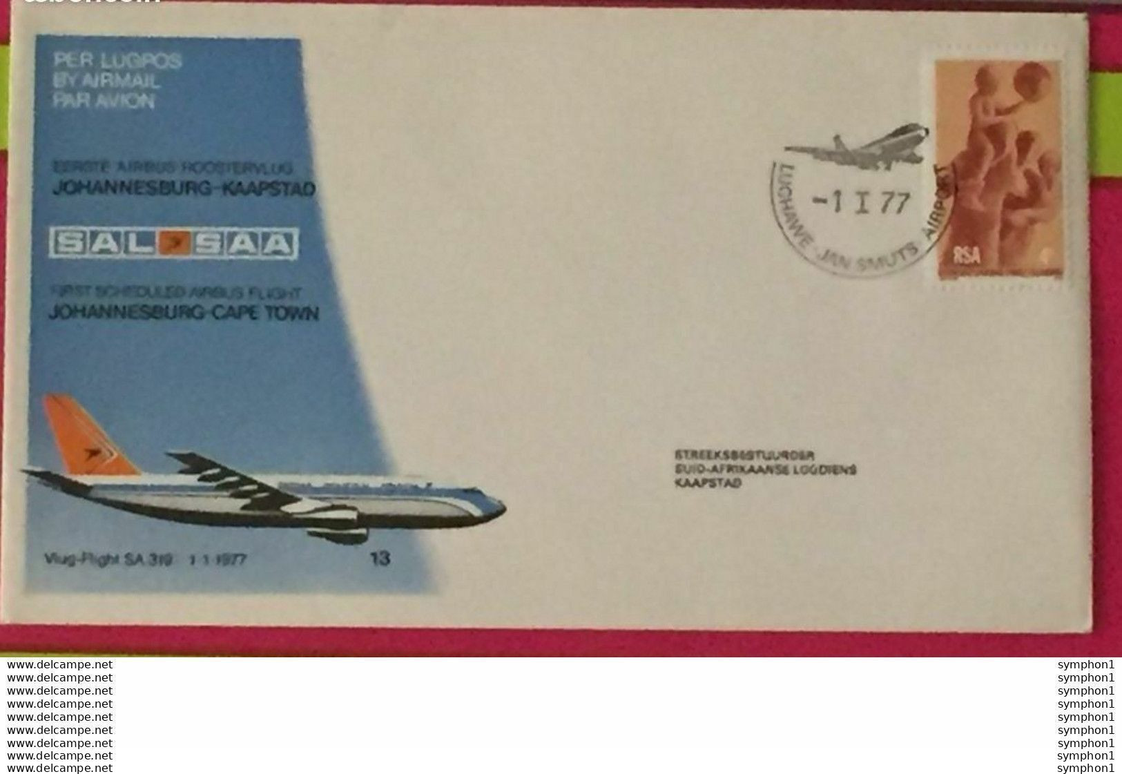 2 Enveloppes FDI De South African Airlines De 1977 Pour Le 1er Vol Airbus Sur Le Vol Le Cap - Johannesburg Et Retour - FDC