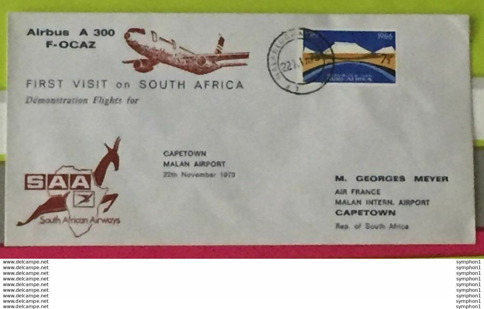 1 Enveloppe FDI De South African Airlines De 1973 Pour La 1ere Visite D'Airbus En Afrique Du Sud - FDC