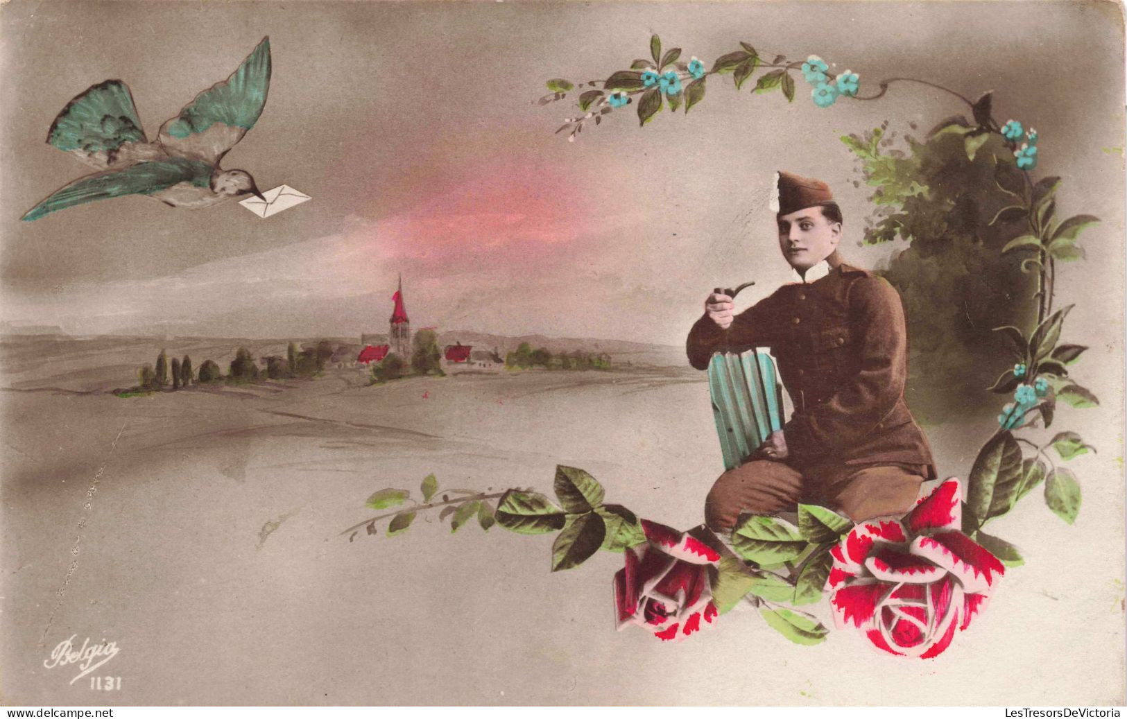 MILITARIA - Un Oiseau Portant Une Lettre à Un Soldat - Rose Rouge Et Fleurs Bleues - Colorisé - Carte Postale Ancienne - Personajes