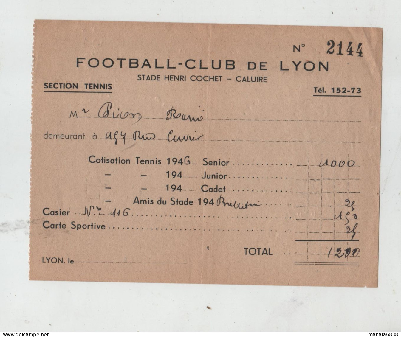 Football Club De Lyon Section Tennis Pion 1946 Stade Henri Cochet Caluire - Ohne Zuordnung