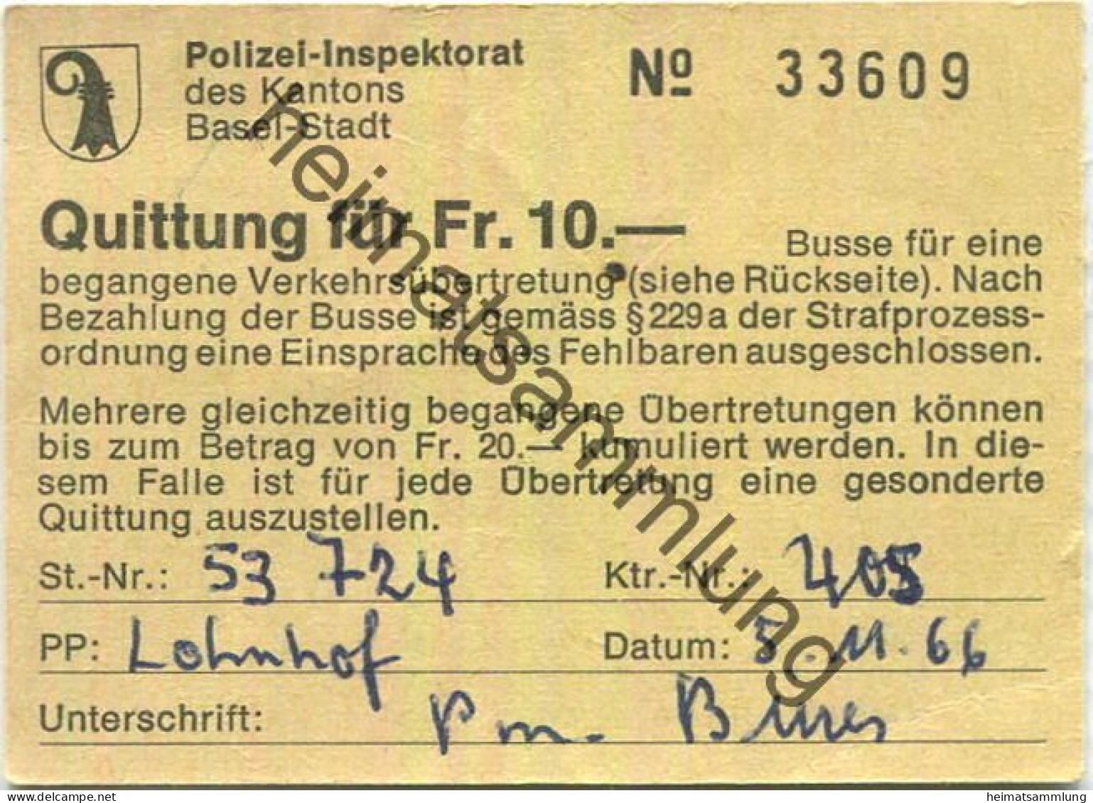 Schweiz - Basel - Polizei-Inspektorat Des Kantons Basel-Stadt - Quittung - Busse Für Eine Begangene Verkehrsübertretung - Switzerland