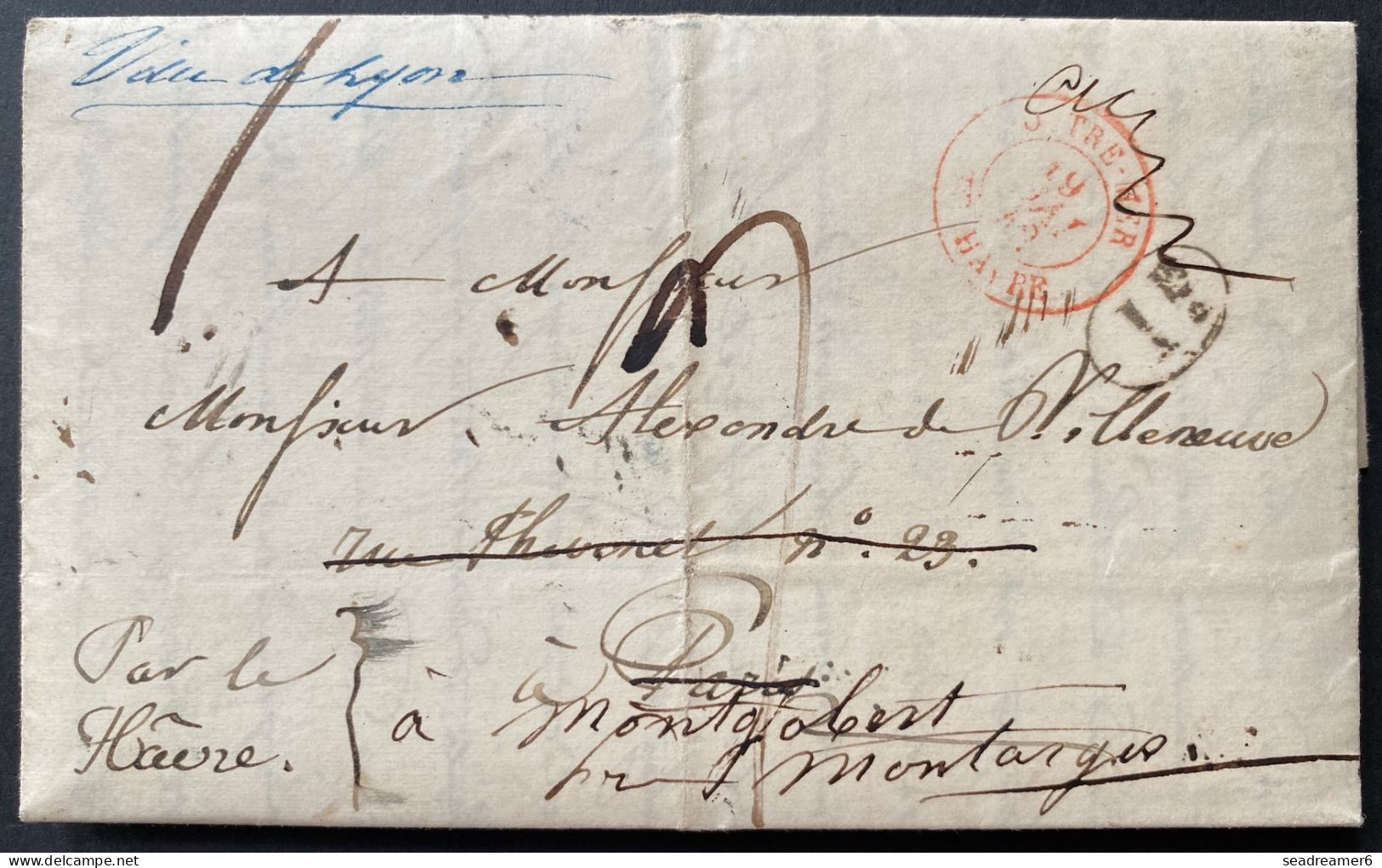 Lettre 1842 De New York Pour PARIS Par Le "Ville De LYON " Réexpédiée à MONTGOBERT, Taxée + Decime Rurale TTB - …-1845 Prephilately