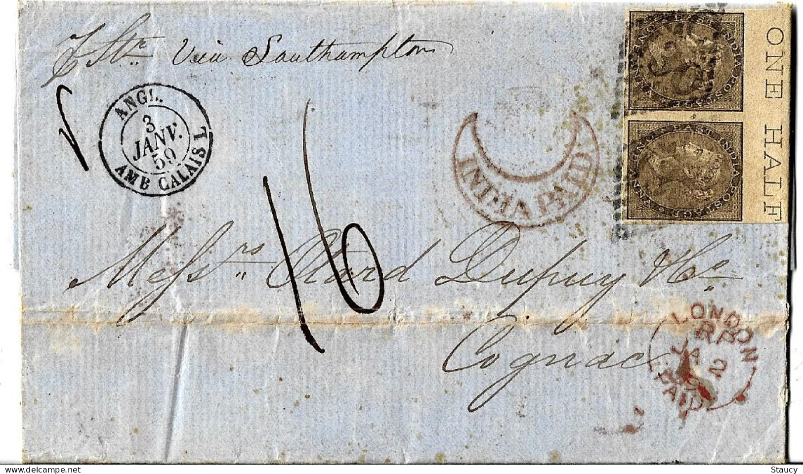 British INDIA 1858 QV Pair Of 1a One Anna Brown Imperf Franked Madras To Cognac Via Bombay/Paris/London By Southampton - 1858-79 Compagnie Des Indes & Gouvernement De La Reine