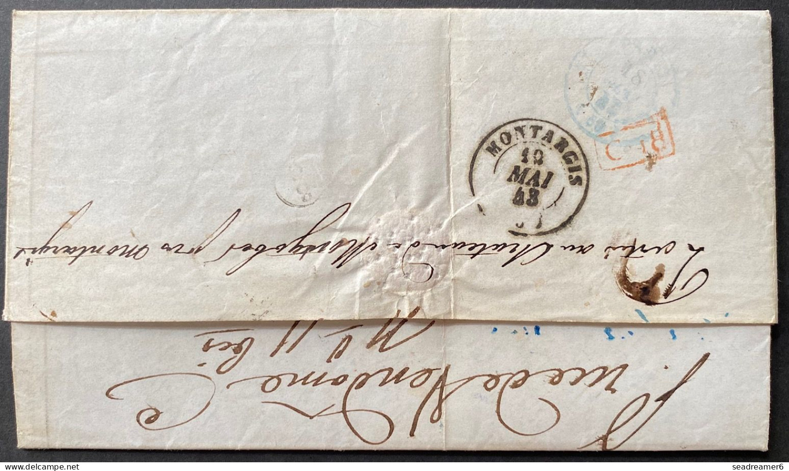 Lettre 1843 De New York Pour PARIS Réexpédiée à MONTGOBERT, Taxe Rectifiée + Decime Rurale + Boitier Facteur TTB - …-1845 Prephilately