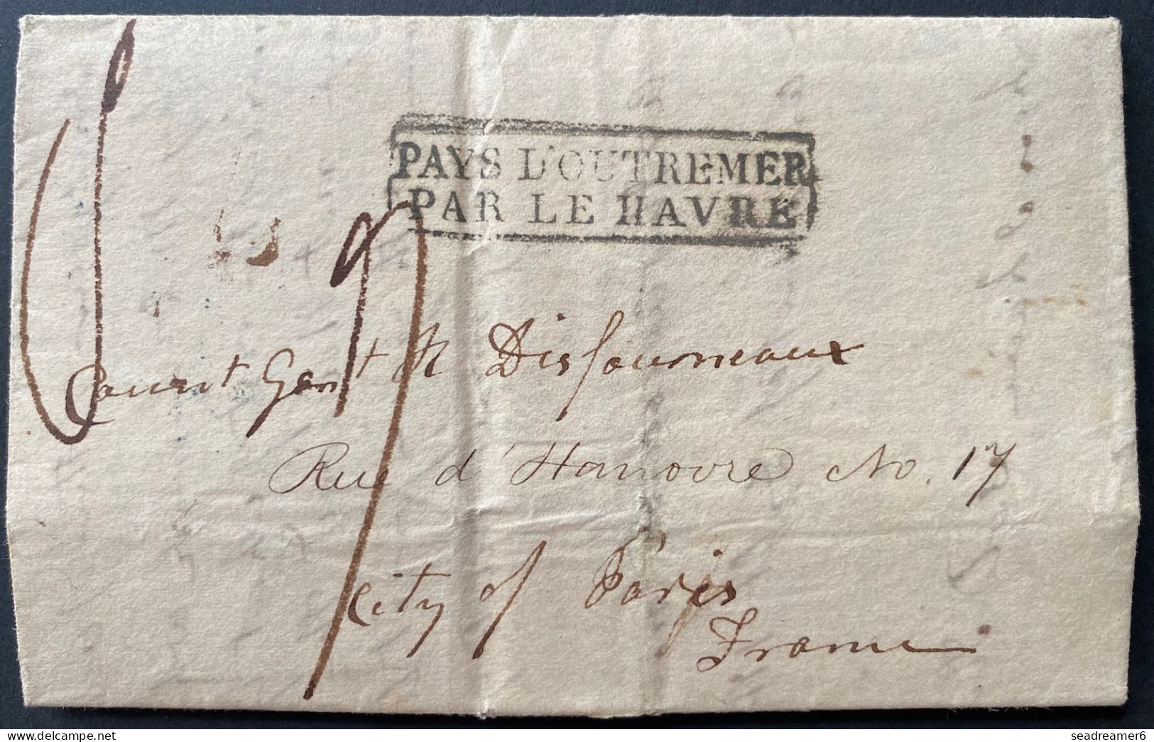 Lettre 1834 De New York Pour PARIS Entrée " PAYS D'OUTREMER PAR LE HAVRE " Taxée, Au Dos : Forwarded From New York By. - …-1845 Vorphilatelie