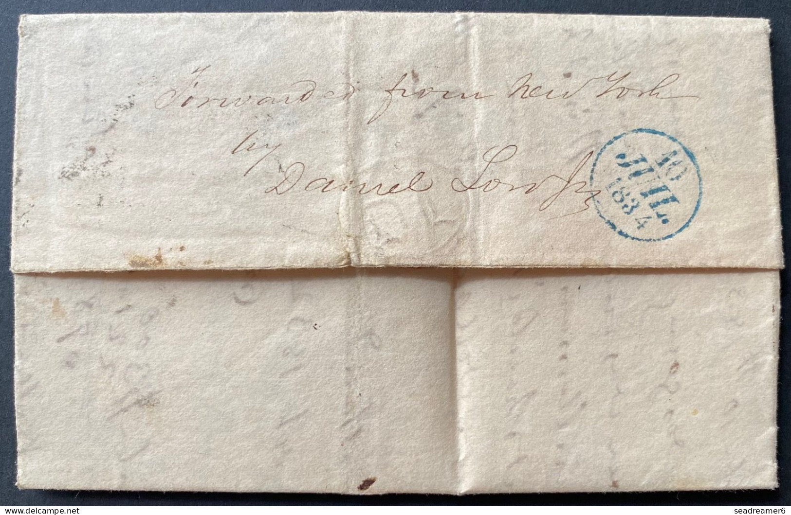 Lettre 1834 De New York Pour PARIS Entrée " PAYS D'OUTREMER PAR LE HAVRE " Taxée, Au Dos : Forwarded From New York By. - …-1845 Prefilatelia