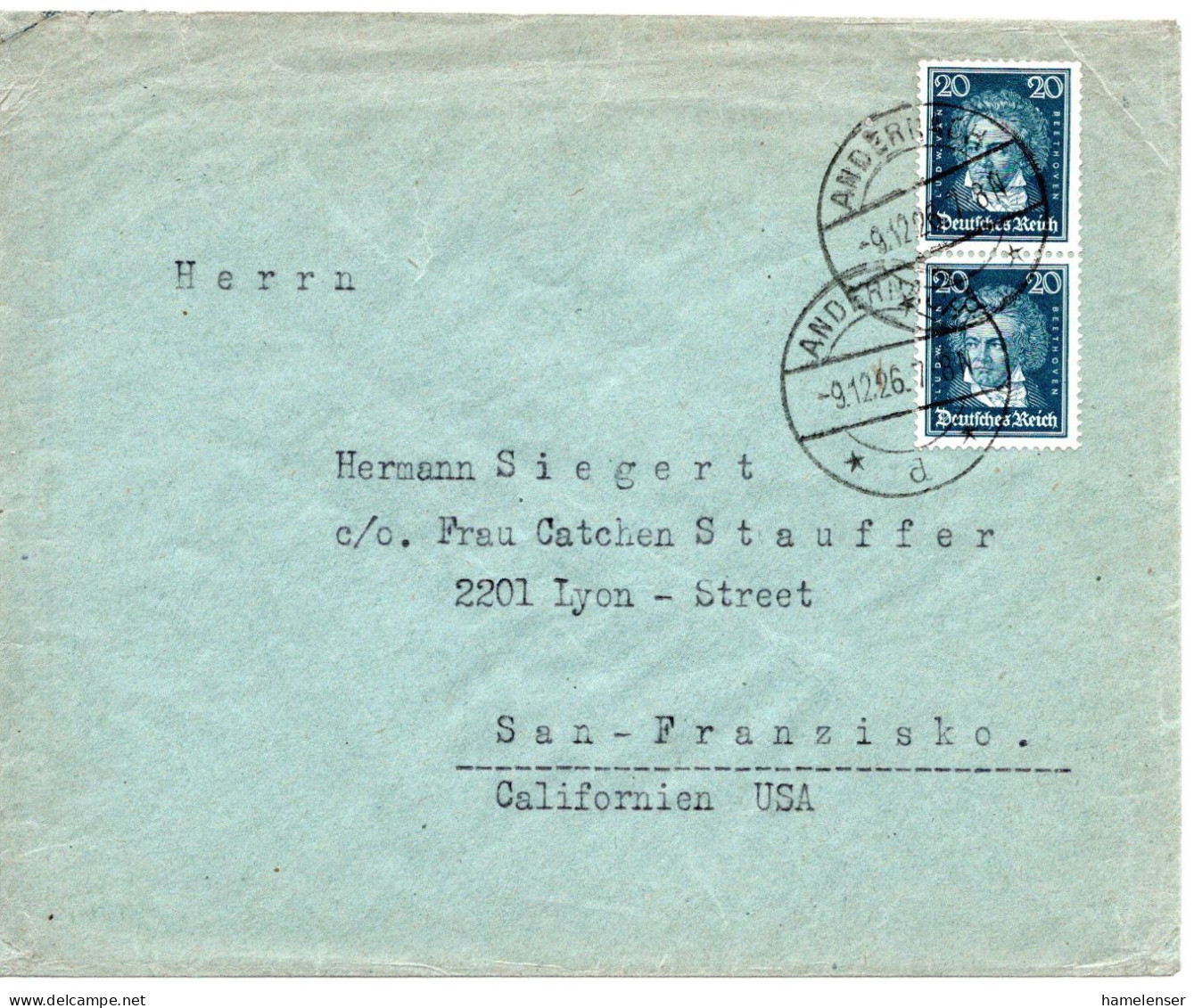 59047 - Deutsches Reich - 1926 - 2@20Pfg Beethoven A Bf ANDERNACH -> San Francisco, CA (USA) - Brieven En Documenten