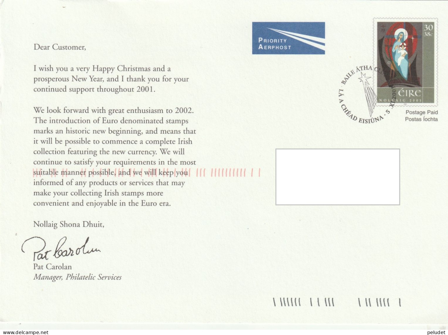 Eire Irland 2001 - Postcard Chritsmas - Irish Stamps -14,8*21 - Interi Postali