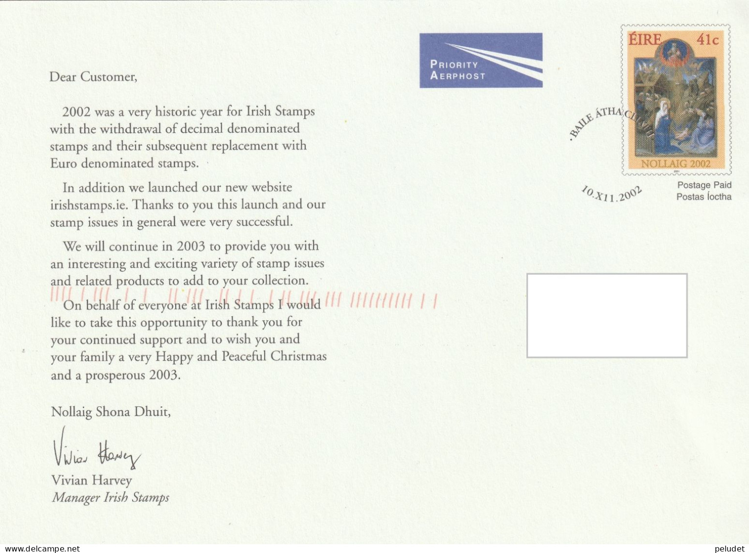 Eire Irland 2002 - Postcard Chritsmas - Irish Stamps -14,8*21 - Postwaardestukken