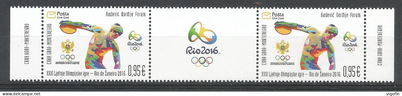CG 2016-391 OLYMPIC GAMES RIO, CRNA GORA MONTE NEGRO, 2 X 1v + Label, MNH - Sommer 2016: Rio De Janeiro