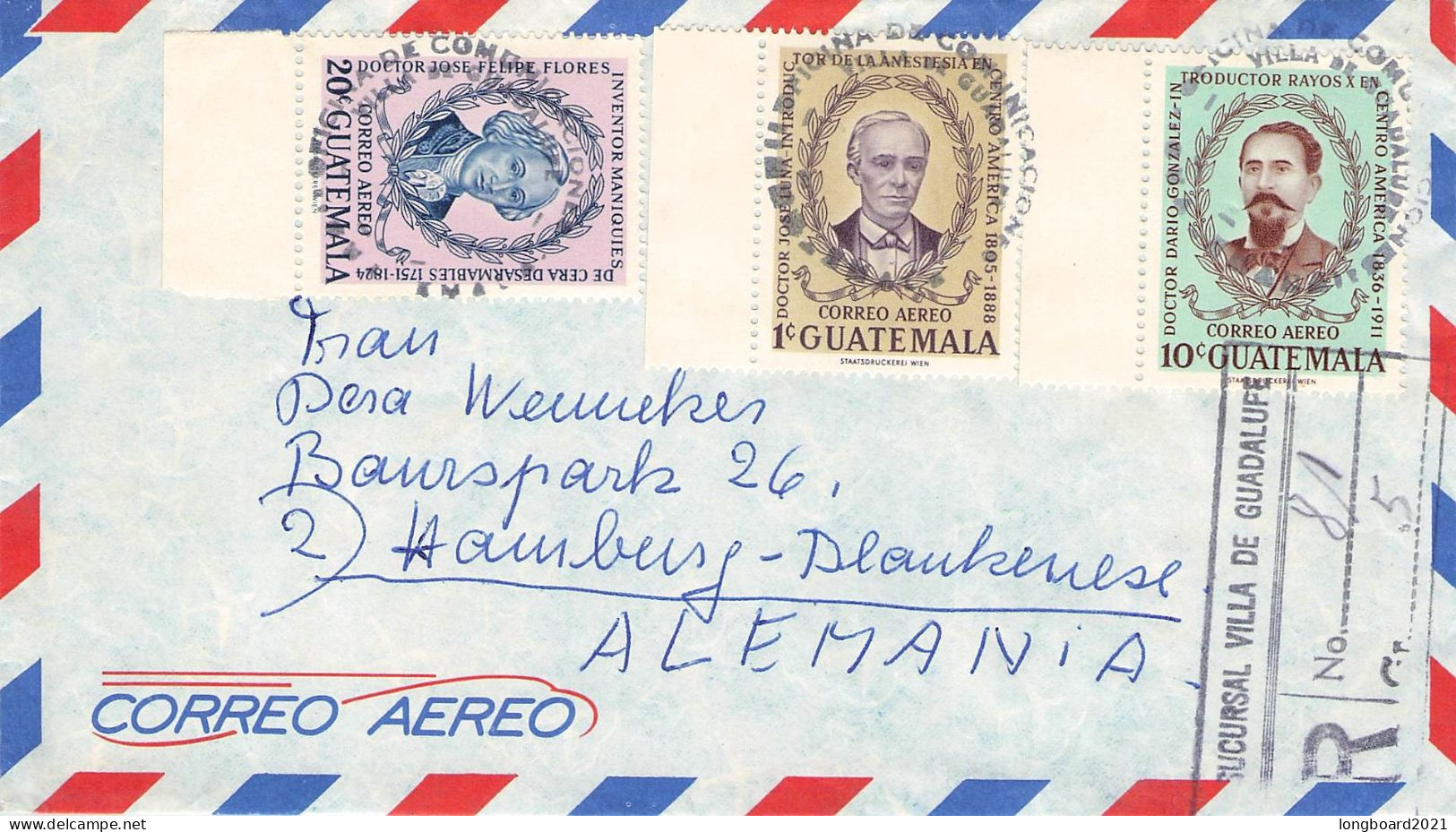 GUATEMALA - REGISTERED AIRMAIL Ca 1962 - HAMBURG/DE Mi 668, 672, 673 / *2092 - Guatemala