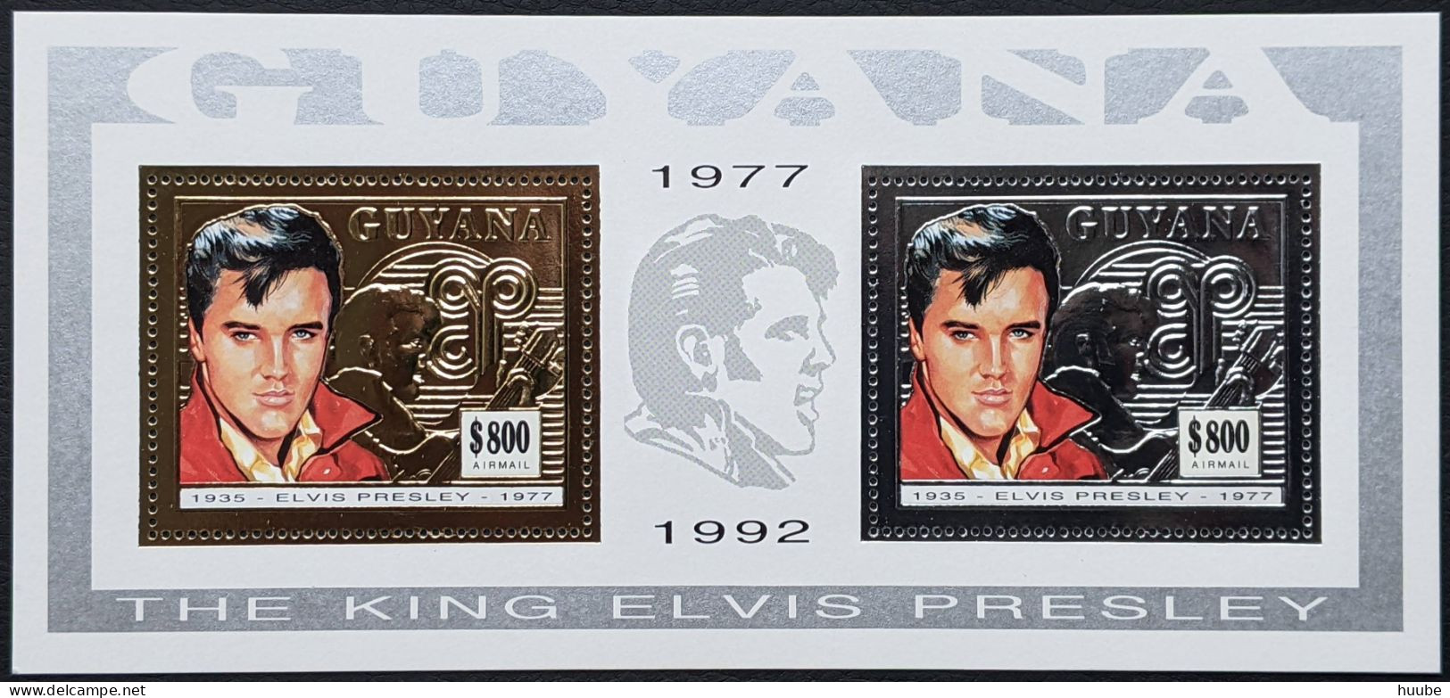 Guyana, 1993, Mi 4508-4509, 15th Anniversary Of The Death Of Elvis Presley, Sheet 2v Gold And Silver, MNH - Elvis Presley