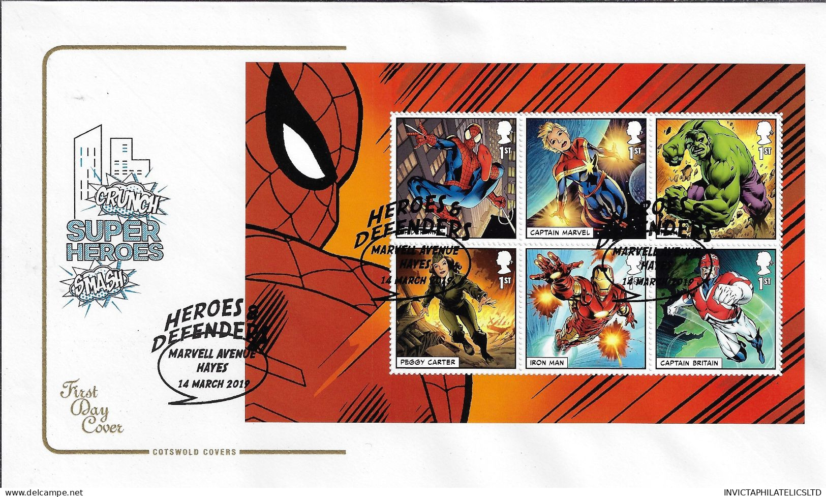 GB 2019 MARVEL SUPER HEROES PRESTIGE BOOK SET ON 5 X COTSWOLD FDC WITH SPECIAL CANCELS - 2011-2020 Decimal Issues