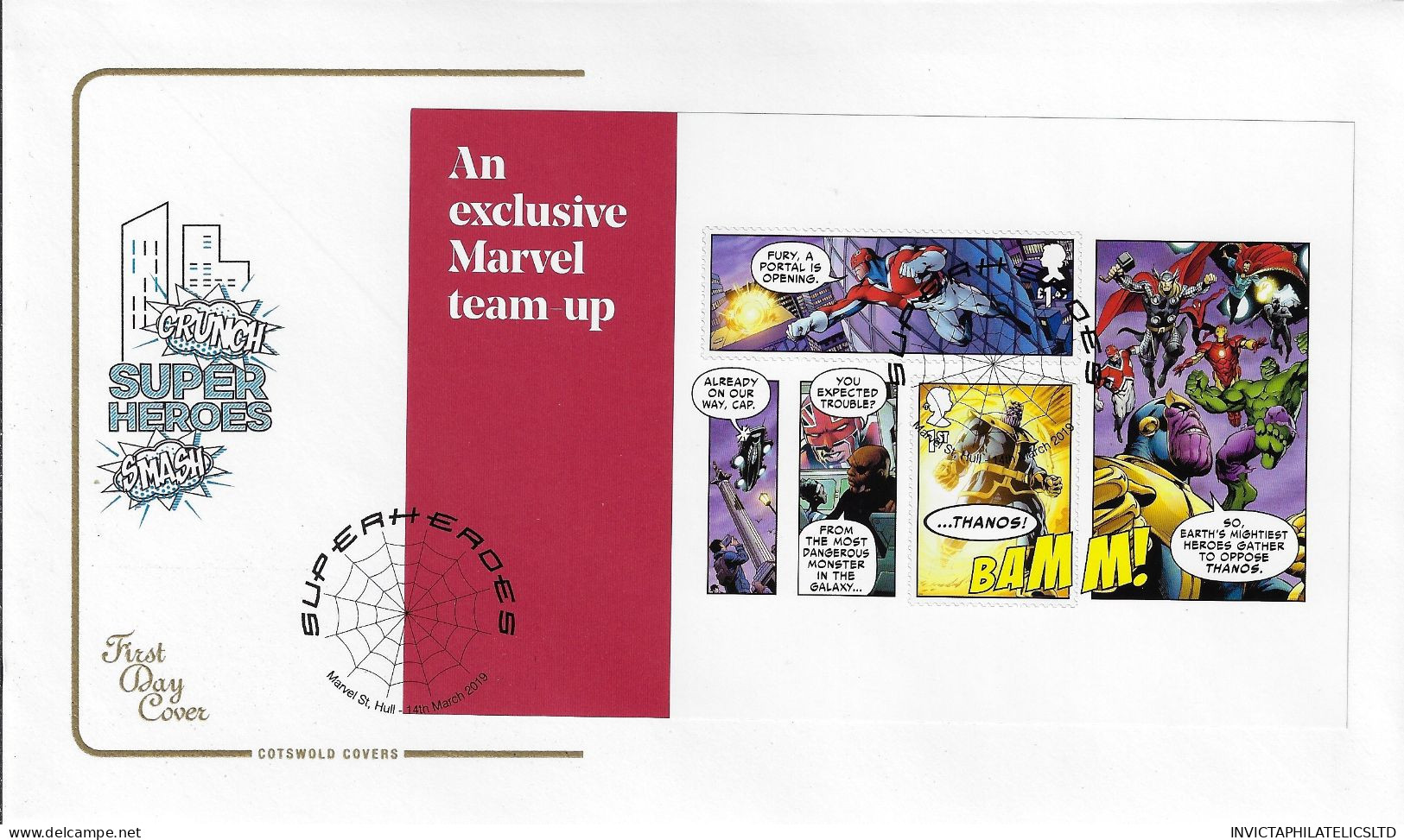 GB 2019 MARVEL SUPER HEROES PRESTIGE BOOK SET ON 5 X COTSWOLD FDC WITH SPECIAL CANCELS - 2011-2020 Dezimalausgaben