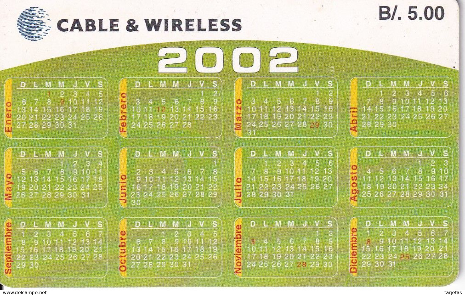 TARJETA DE PANAMA DE CABLE WIRELESS CALENDARIO 2002 - Panama